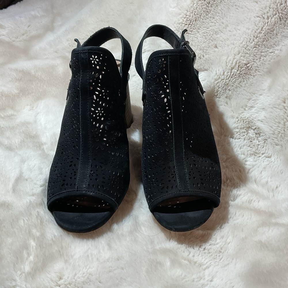 Antonio Melani black suede perforated chunky stacked Heels